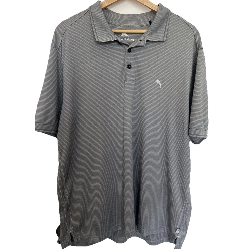 Tommy Bahama Mens Gray Striped Logo Polo Shirt Size Large Short Sleeve